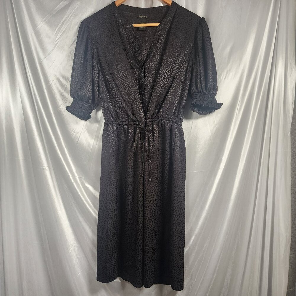 Millenium Button Front Smocked Sleeves Textured Satin Tie Waist Dress Black Lg